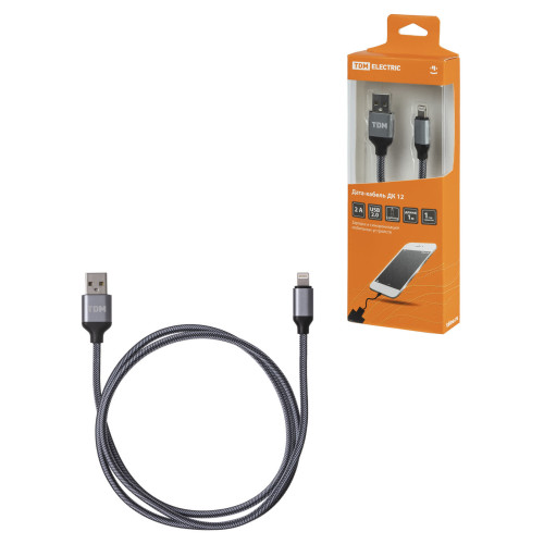 Дата-кабель, ДК 12, USB - Lightning, 1 м, тканевая оплетка, серый, TDM