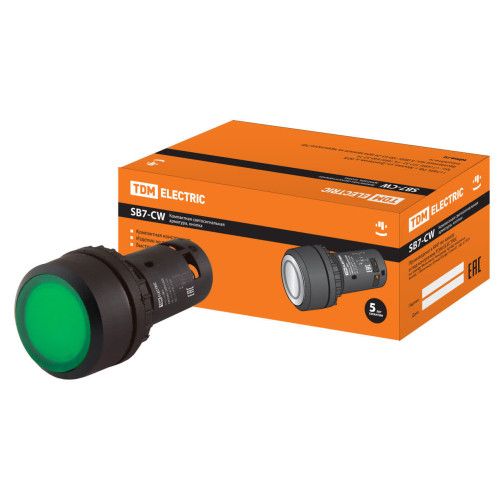 Кнопка SB7-CW3361 с возвратом, 1НО, d22 мм, с подсветкой 220 В LED, зеленая, IP54 TDM