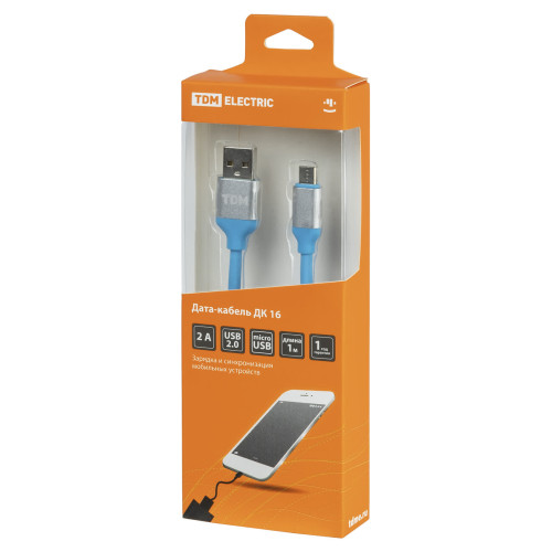 Дата-кабель, ДК 16, USB - micro USB, 1 м, силиконовая оплетка, голубой, TDM