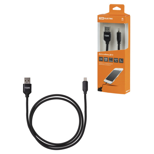 Дата-кабель, ДК 9, USB - Lightning, 1 м, тканевая оплетка, черный, TDM