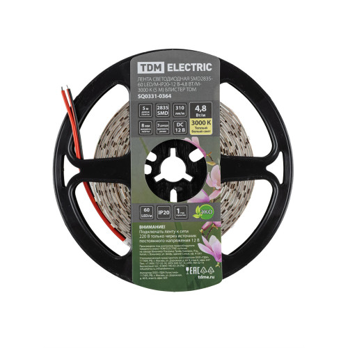 Лента светодиодная SMD2835-60 LED/м-IP20-12 В-4,8 Вт/м-3000 К (5 м) блистер TDM