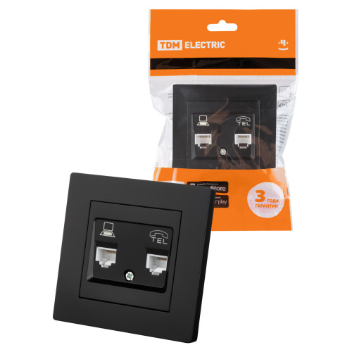 Розетка телефонная RJ11 + компьютерная RJ45 черная 